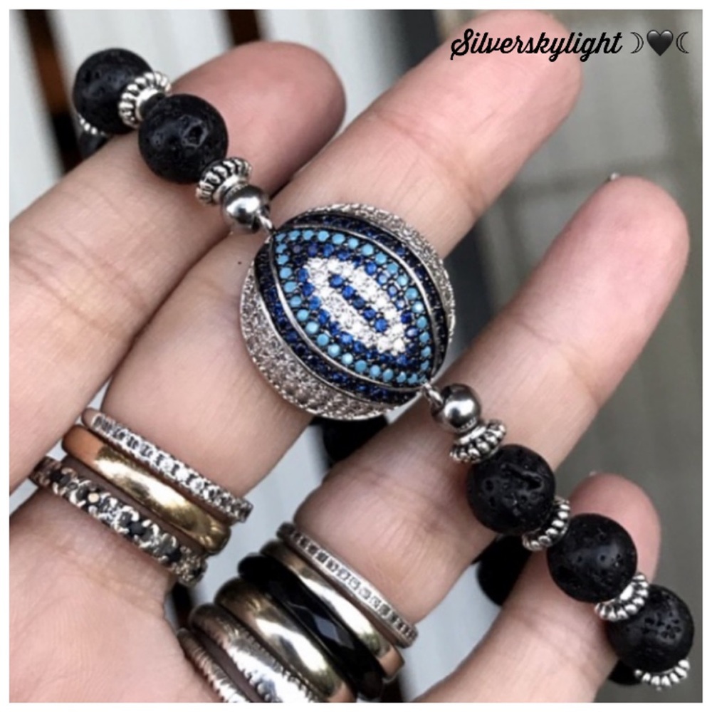 Evil eye bracelet . White gold plated cz charm & black Lava rock beads boho - Picture 7 of 11
